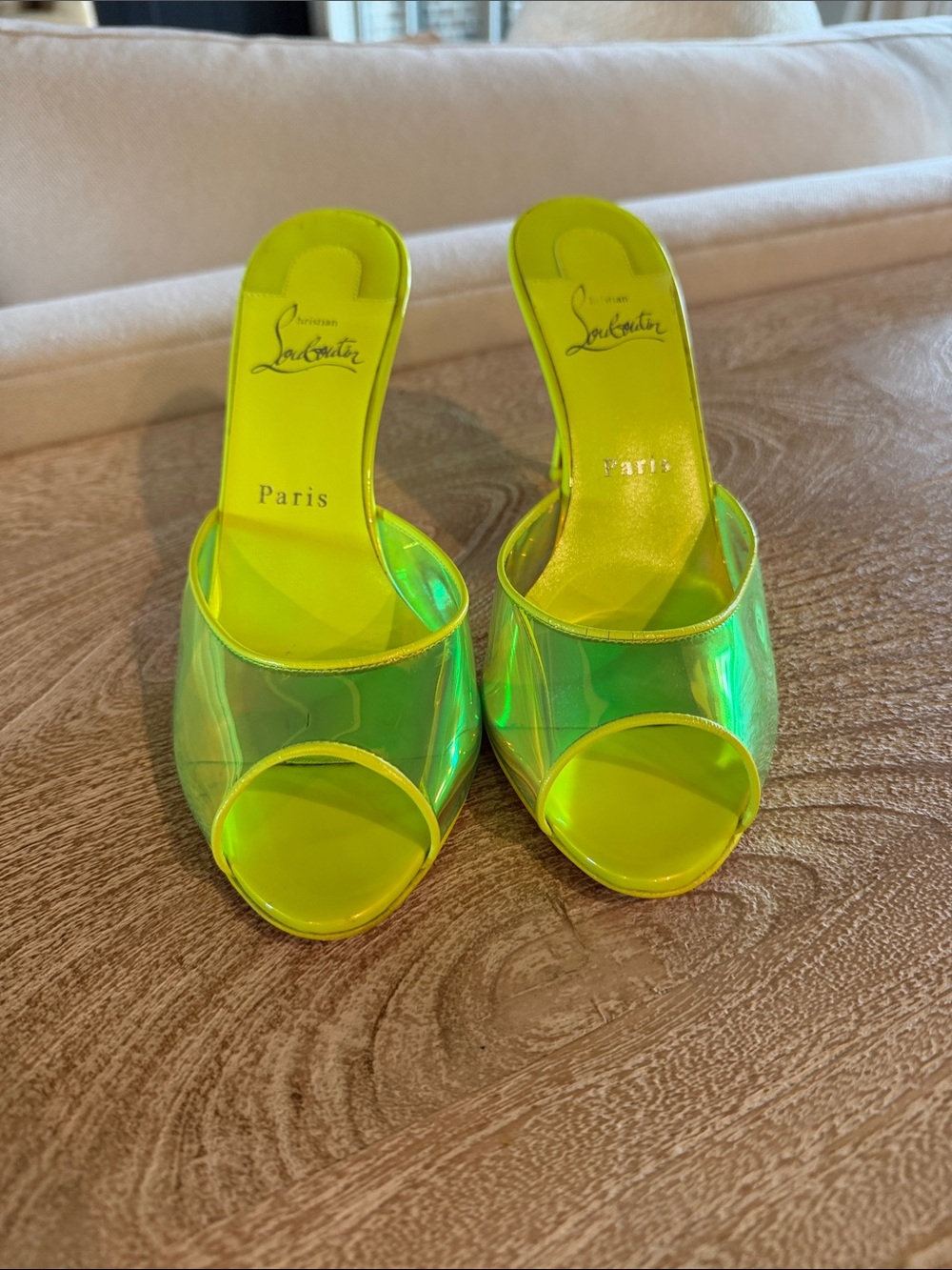 Christian Louboutin Neon Yellow-Green Iridescent Slide Mules
